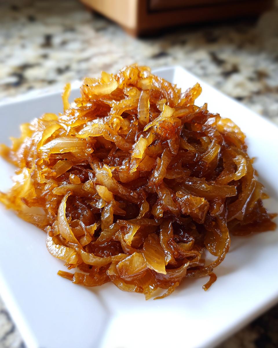 A close-up of a mound of rich, dark brown caramelized onions served on a white square plate.