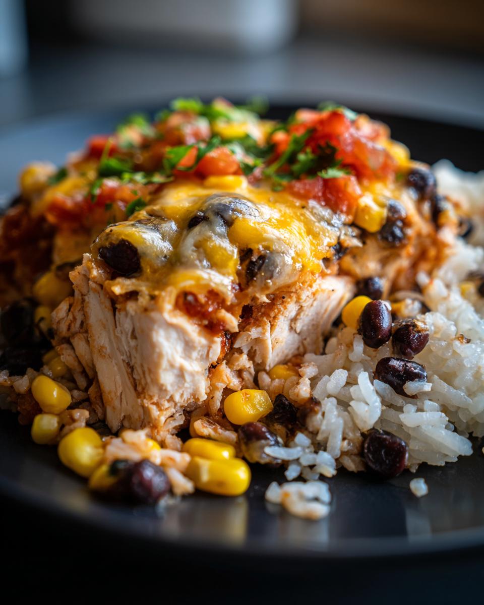 A close-up of a portion of chicken burrito bowl featuring white rice, black beans, corn, melted cheese, and salsa topping.