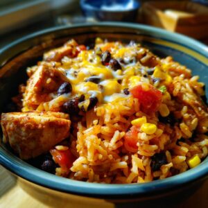 Close-up of a hearty chicken burrito bowl featuring seasoned rice, black beans, corn, tomatoes, and melted cheese.