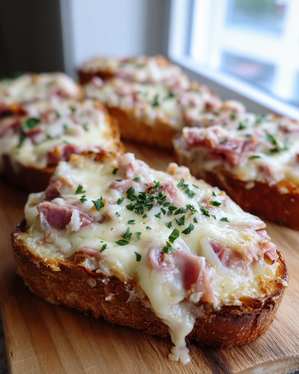 Close-up of toasted bread slices topped with melted cheese, diced ham, and parsley, resembling a reuben dip appetizer.