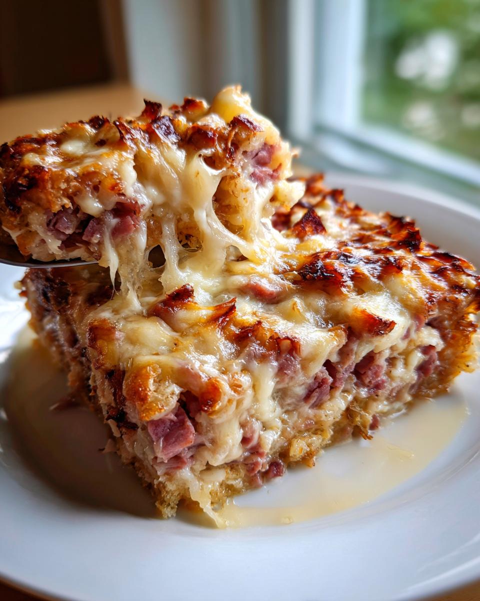 A gooey, cheesy slice of homemade Reuben bake being lifted from the plate, showing melted Swiss cheese stretching.
