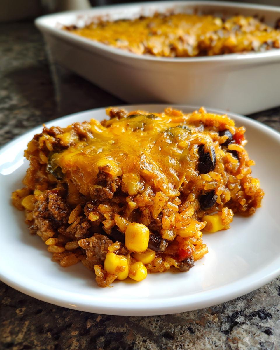 A close-up serving of cheesy mexican rice casserole featuring ground meat, corn, and black beans on a white plate.