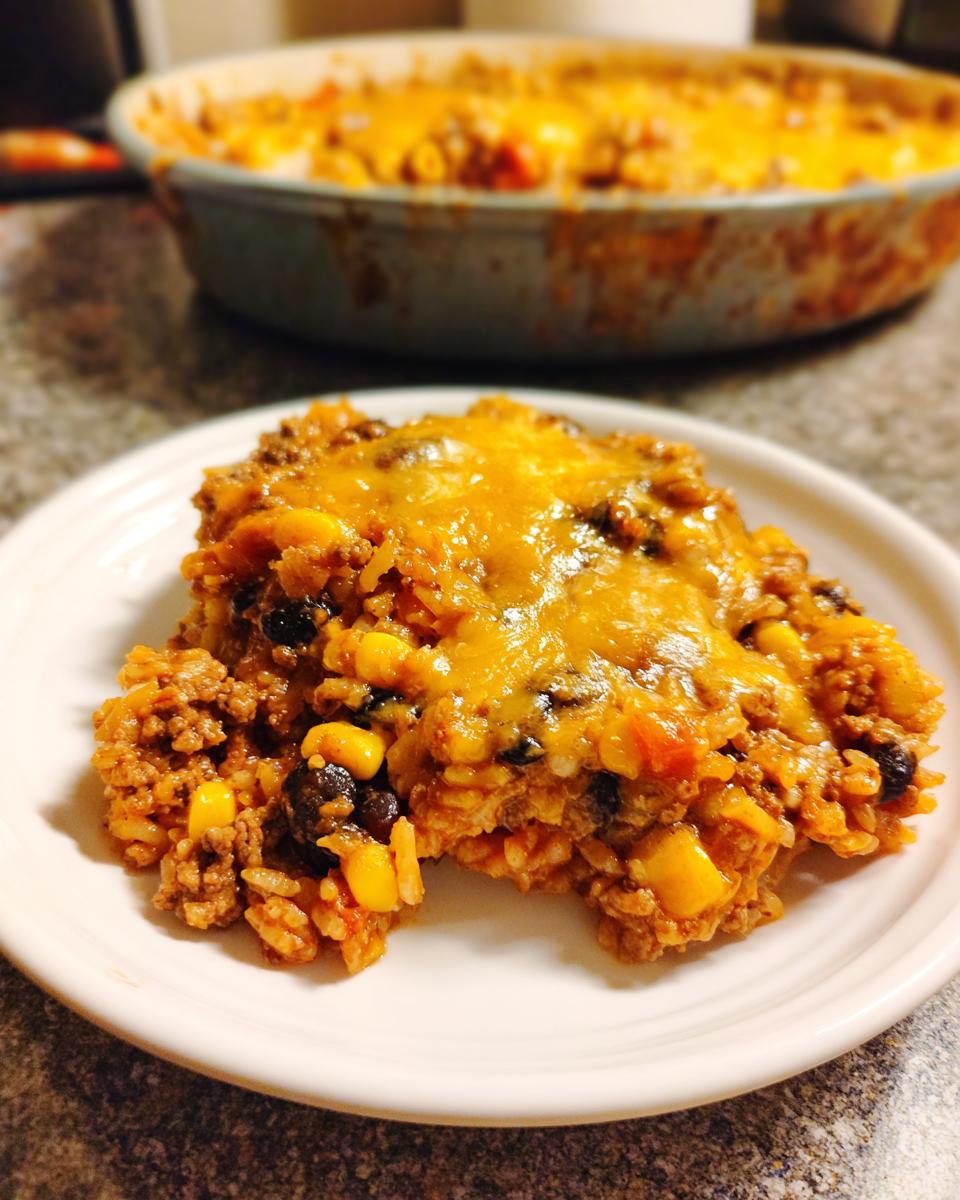 A close-up serving of cheesy mexican rice casserole featuring ground meat, corn, and black beans on a white plate.