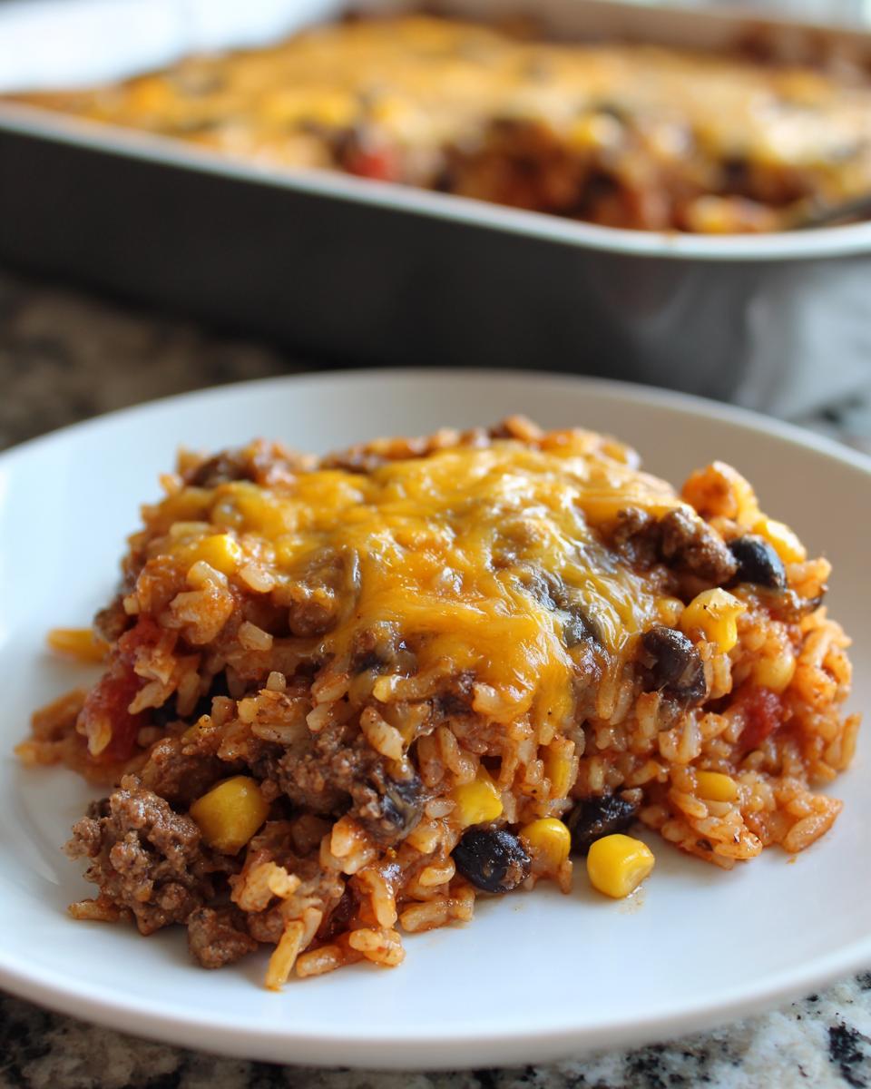 A close-up serving of cheesy mexican rice casserole featuring ground beef, black beans, and corn on a white plate.