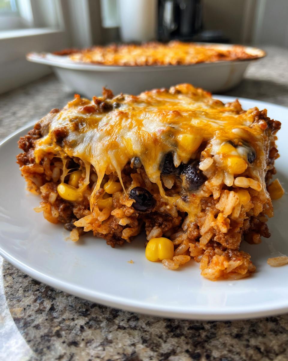 A close-up serving of Mexican rice casserole topped with melted, gooey cheddar cheese, corn, and black beans.