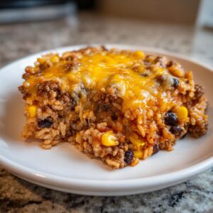 A close-up of a serving of mexican rice casserole topped with melted cheddar cheese, showing ground meat, black beans, and corn.
