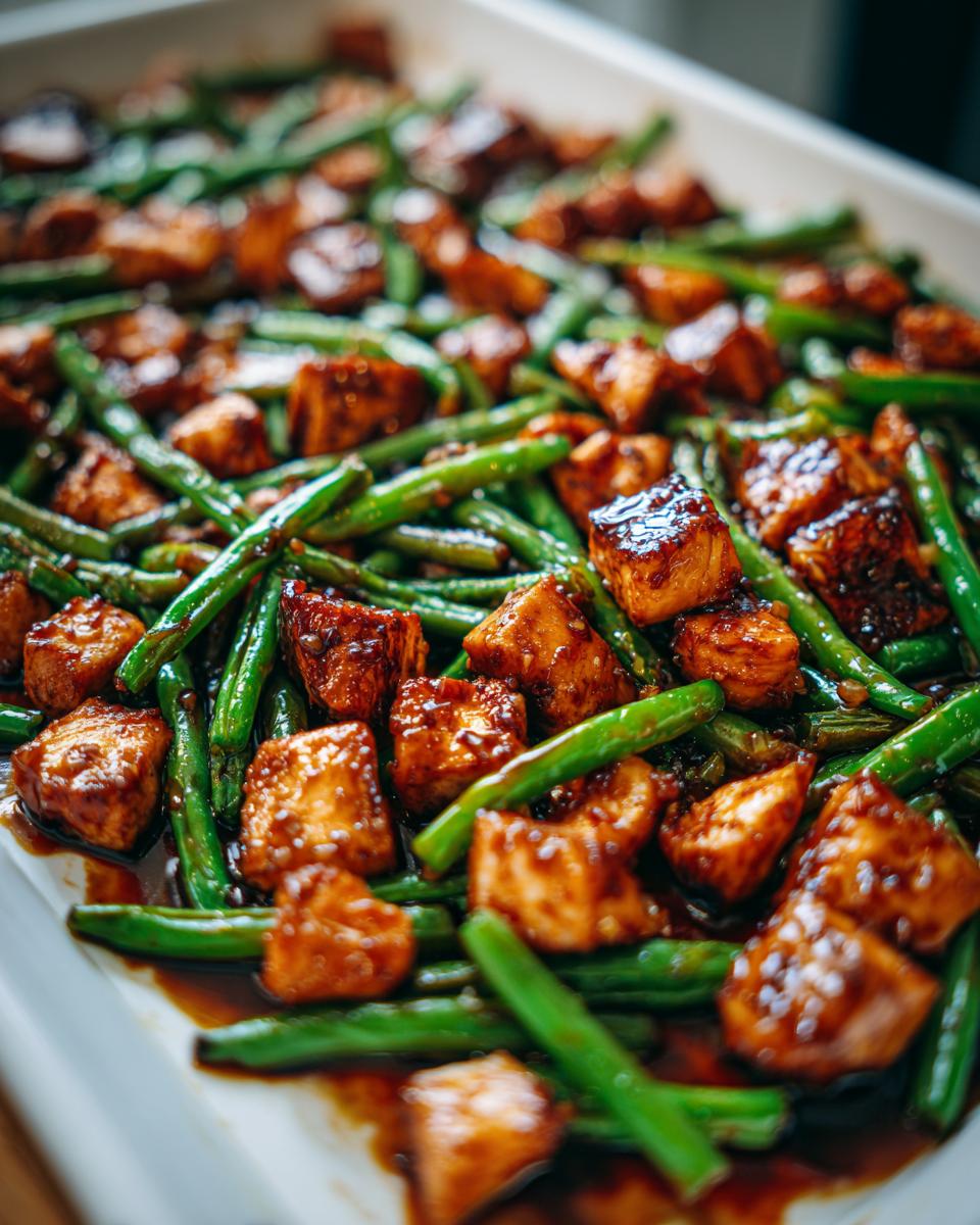 Close-up of glossy, saucy chicken and green beans mixture in a white serving dish.