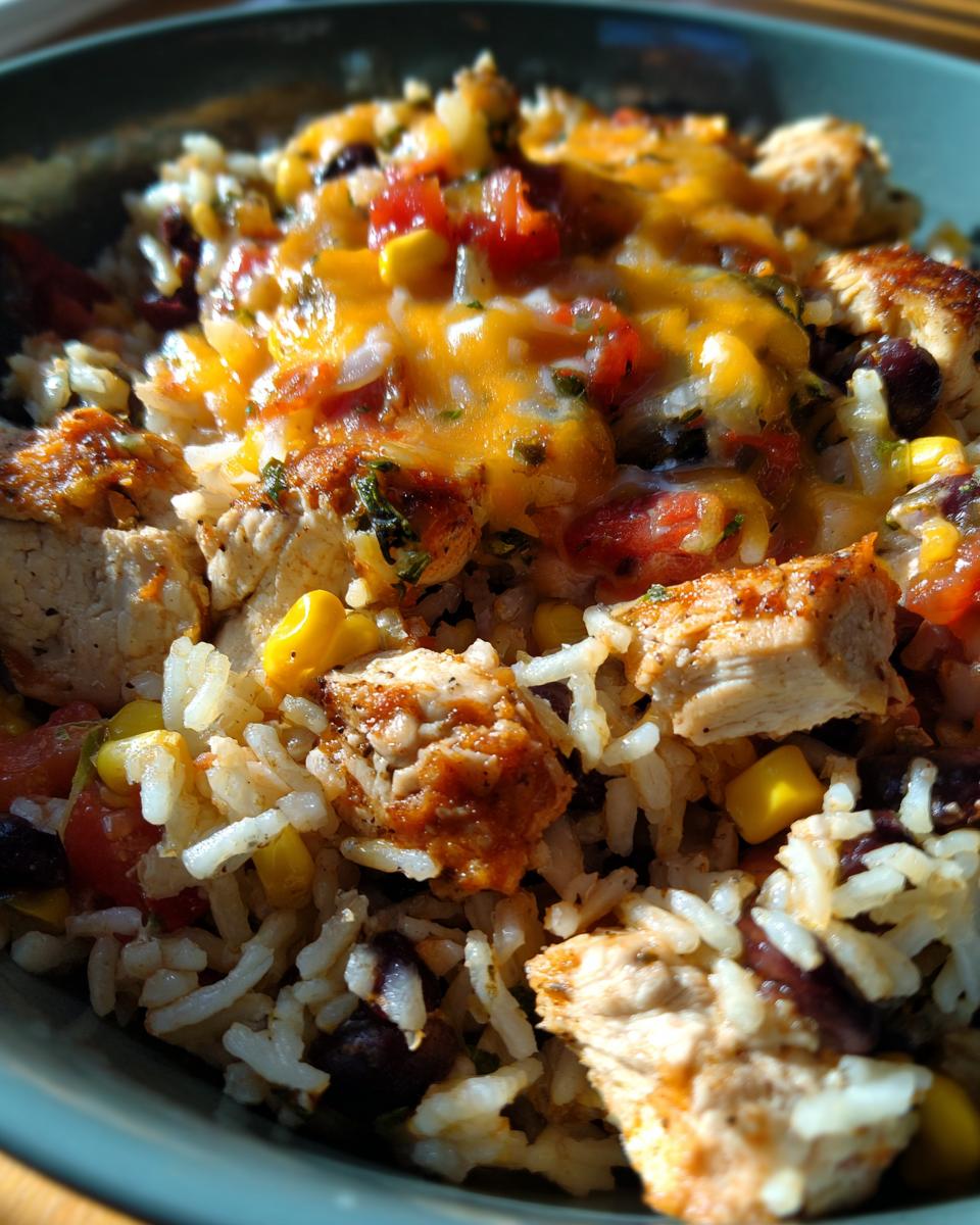 Close-up of a hearty chicken burrito bowl featuring seasoned chicken pieces, rice, black beans, corn, salsa, and melted cheese.