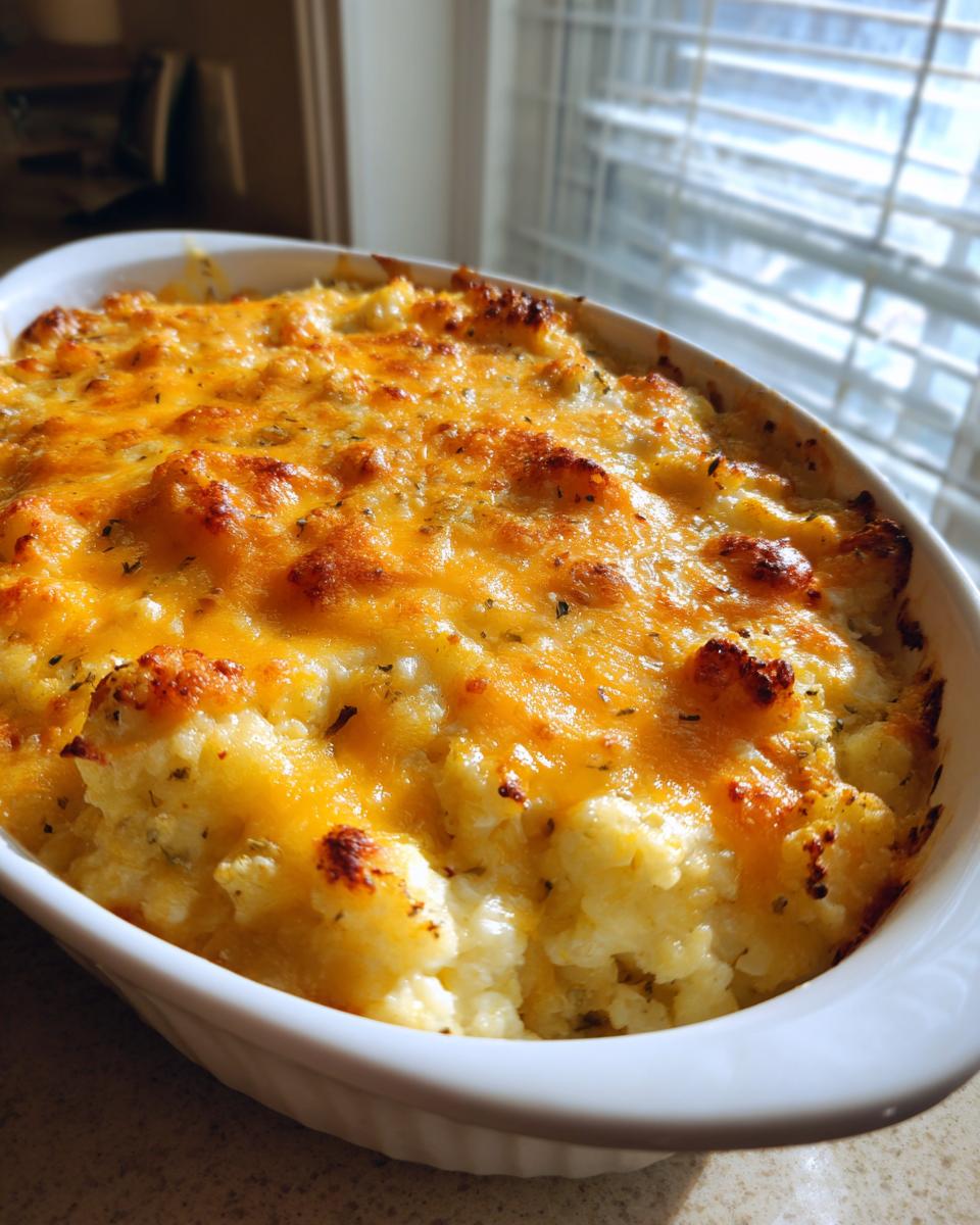 Close-up of a baked chicken cauliflower rice casserole with a bubbly, golden melted cheddar cheese topping.