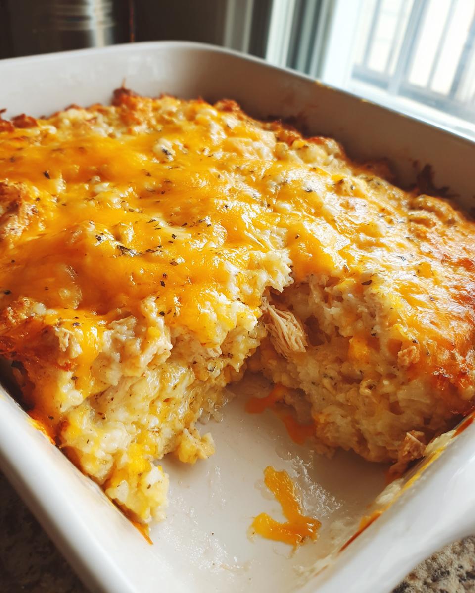Close-up of a baked chicken cauliflower rice casserole topped with melted cheddar cheese in a white dish.