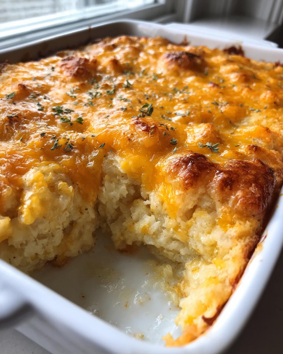 Close-up of a baked chicken cauliflower rice casserole with a bubbly, golden-brown cheddar cheese topping.