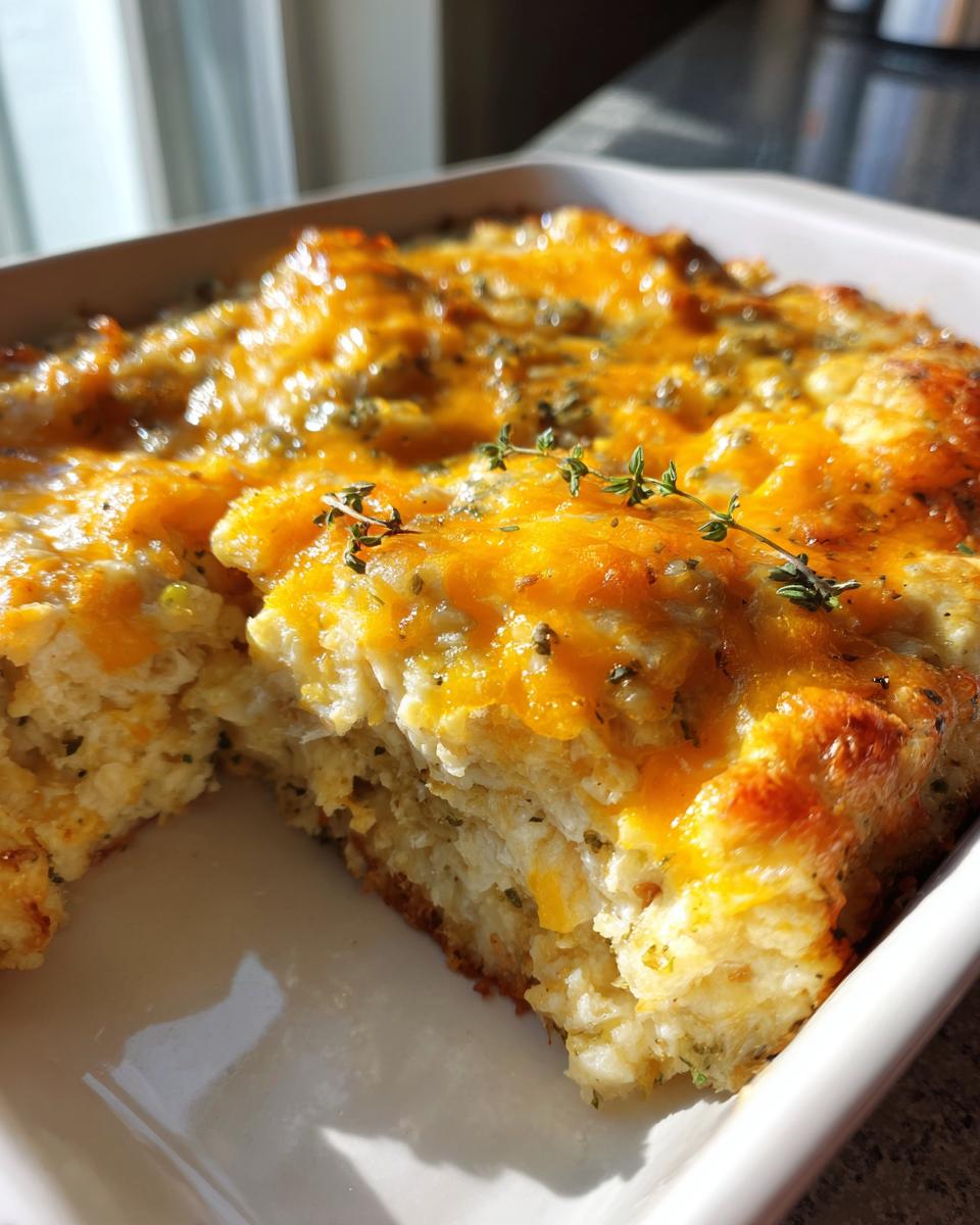 Close-up of a baked chicken cauliflower rice casserole with melted, golden cheddar cheese and a thyme garnish.