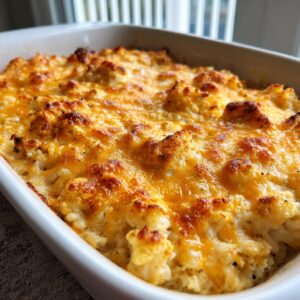 Close-up of a freshly baked chicken cauliflower rice casserole topped with bubbly, browned cheddar cheese.
