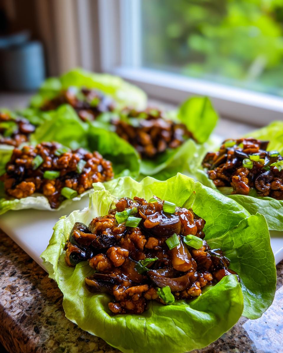 Several servings of savory chicken lettuce wraps filled with dark sauce and topped with green onions.