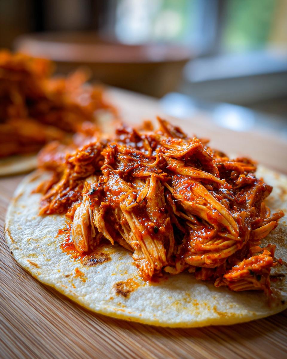Close-up of shredded chicken tinga filling piled high on a warm corn tortilla.