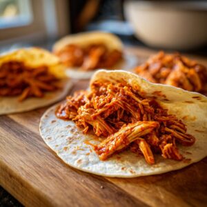 Close-up of shredded chicken tinga filling spooned onto soft tortillas, ready to be assembled.