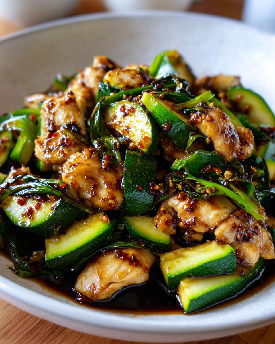 A close-up of a bowl filled with glossy, saucy chicken zucchini stir fry pieces.