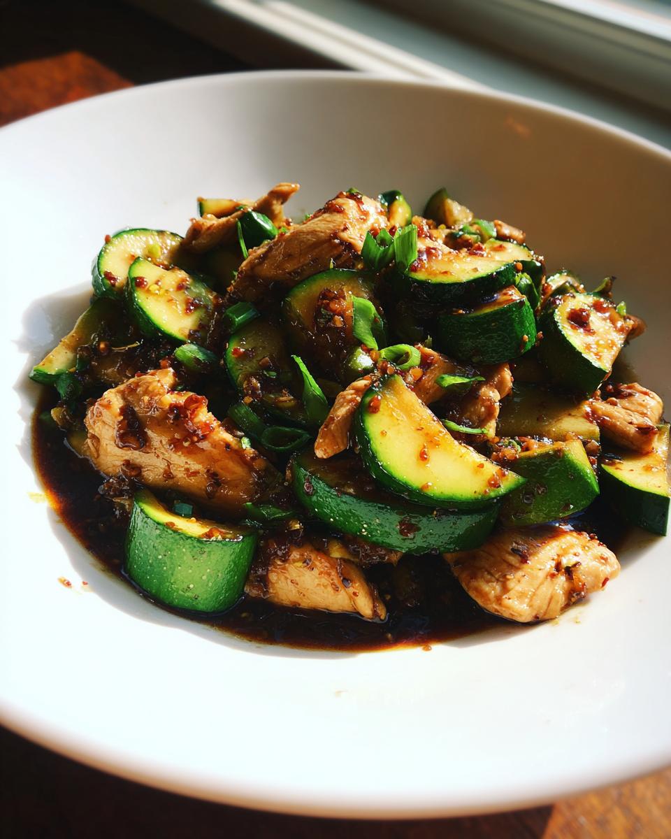 A close-up of a white bowl filled with savory chicken zucchini stir fry, coated in a dark sauce and garnished with green onions.