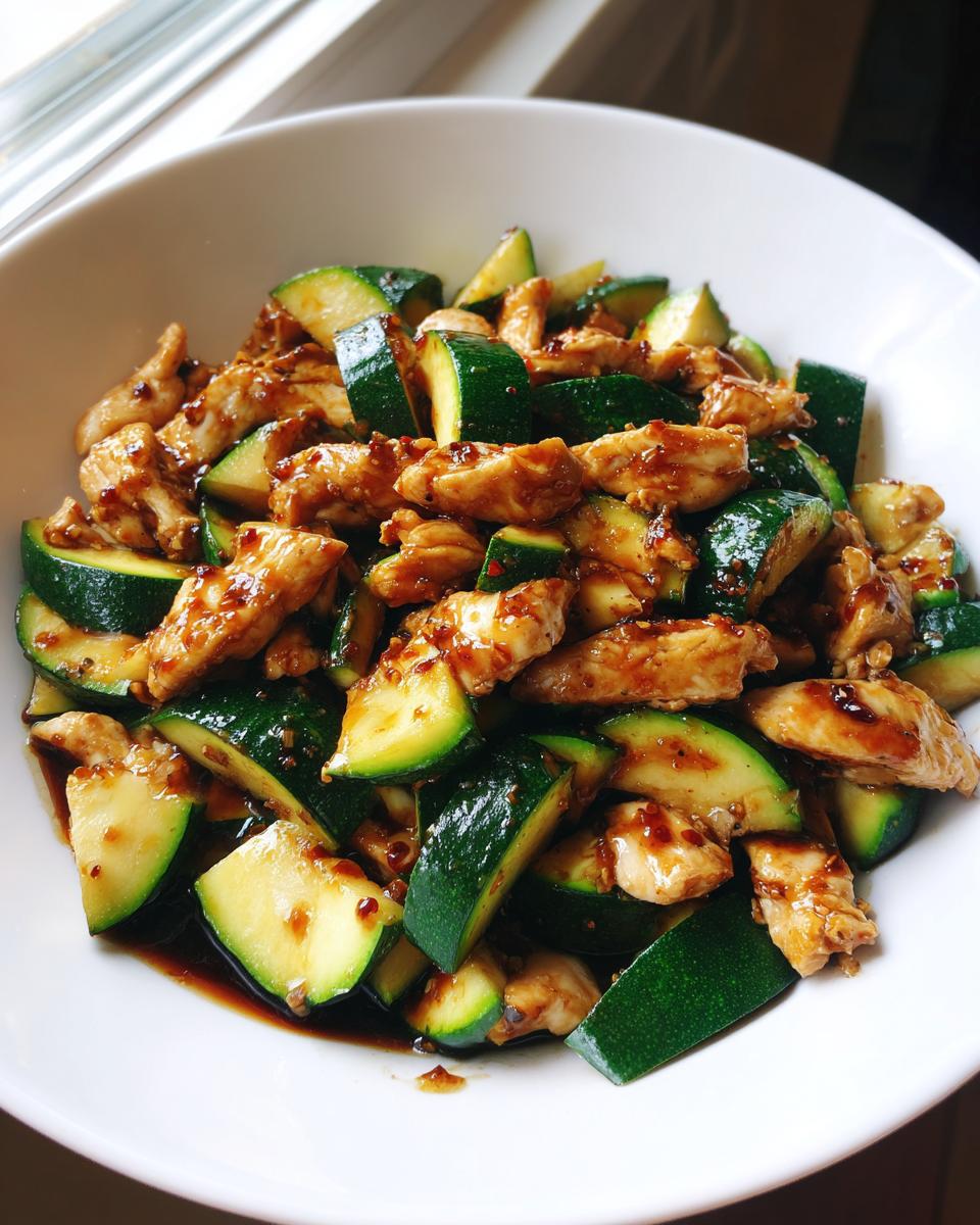 A close-up of a serving of chicken zucchini stir fry coated in a dark sauce, presented in a white bowl.