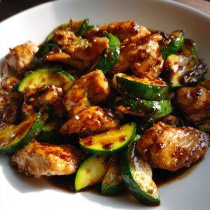 A close-up shot of glistening chicken zucchini stir fry pieces coated in a dark, savory sauce.