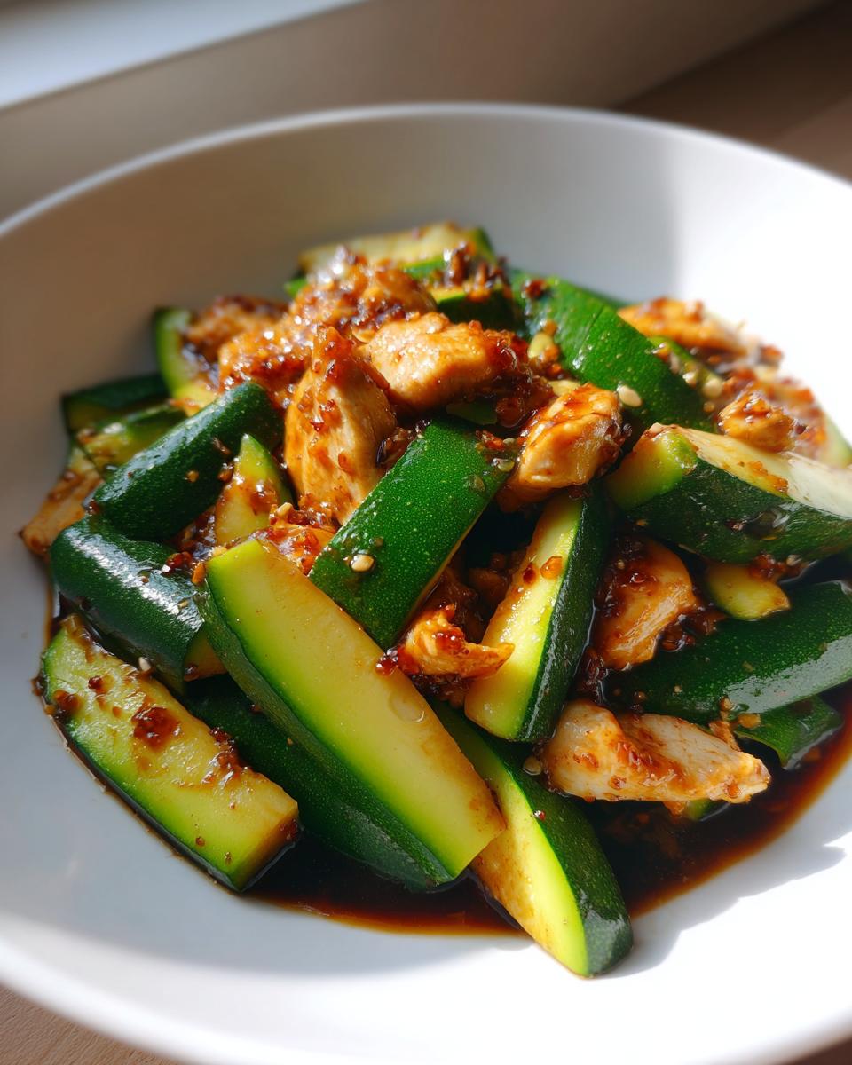 A close-up of a white bowl filled with vibrant green zucchini slices and pieces of chicken in a dark, glossy sauce, representing chicken zucchini stir fry.