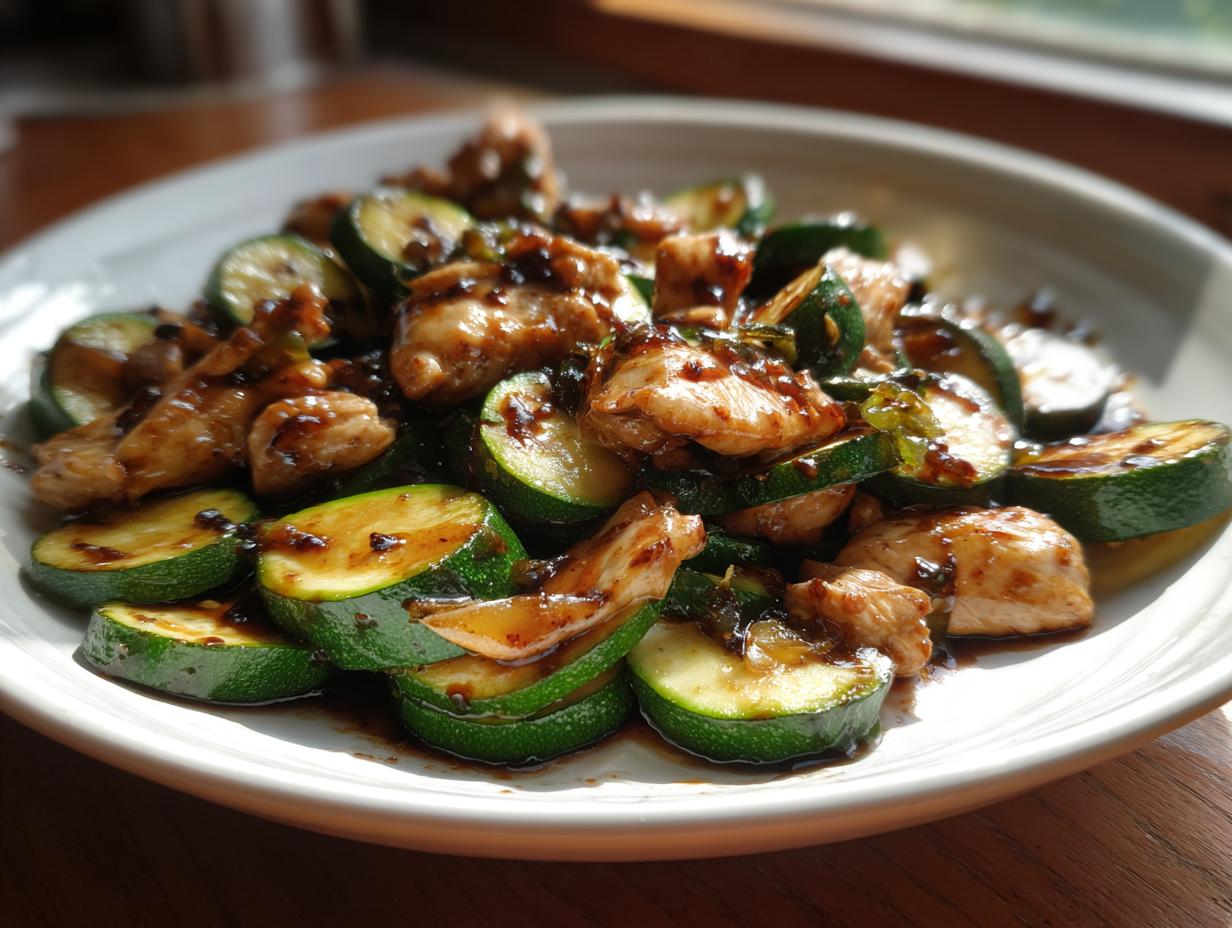 Close-up of a serving of chicken zucchini stir fry with glossy brown sauce on a white plate.