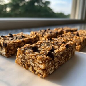 Close-up of several rich, chewy no bake granola bars topped with chocolate chips resting on a white surface.