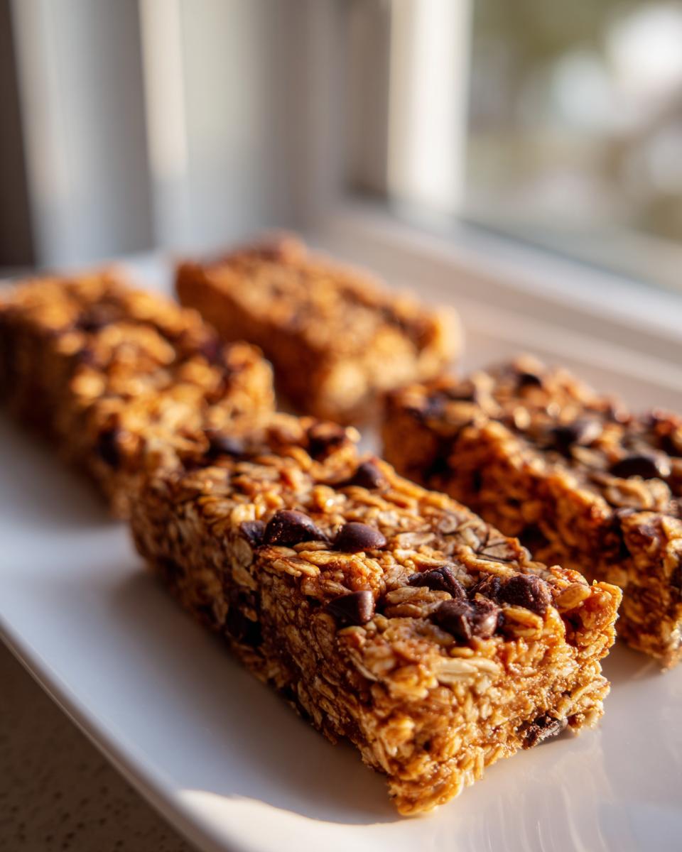Close-up of four chocolate chip no bake granola bars resting on a white rectangular plate near a window.
