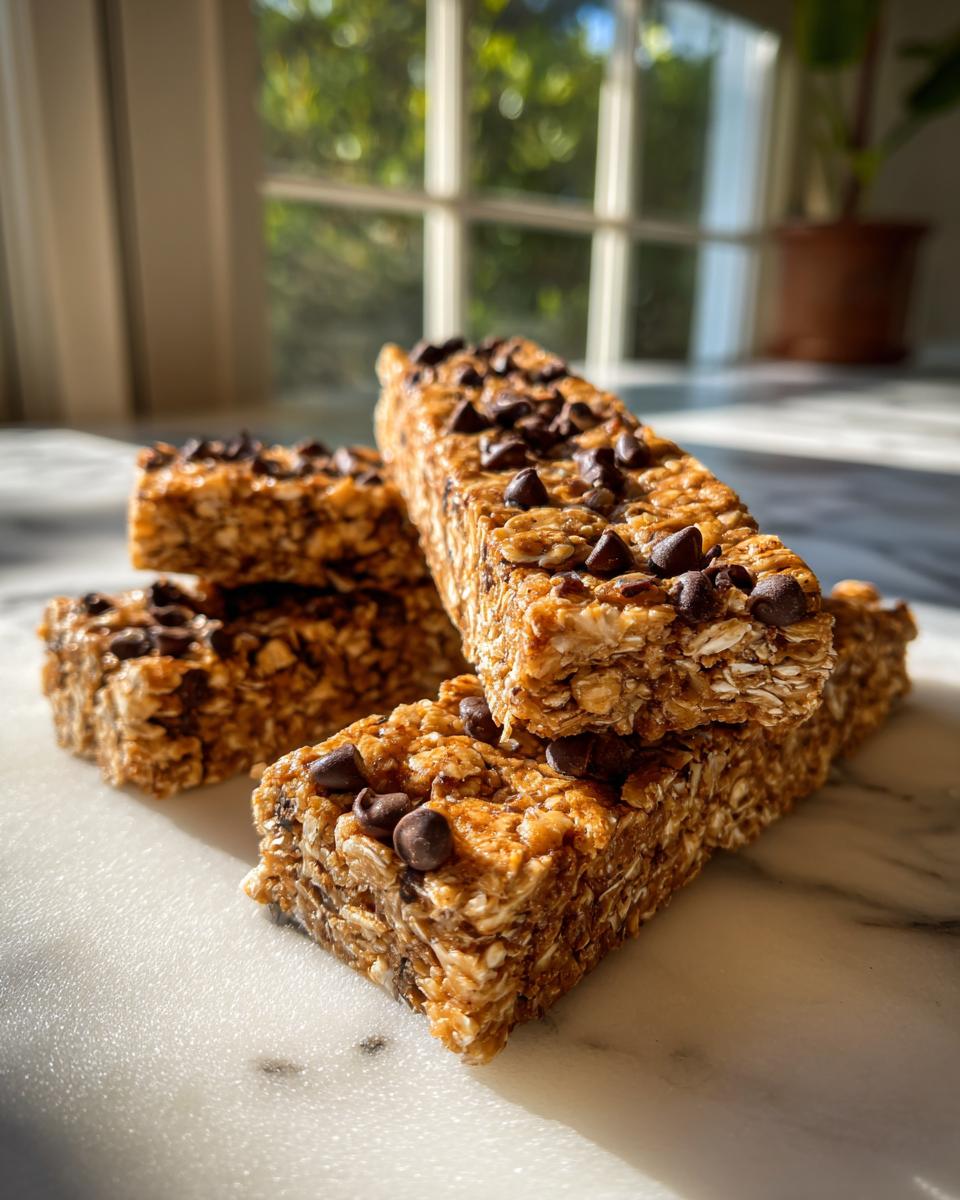 A stack of homemade no bake granola bars topped with mini chocolate chips, resting on a white marble surface.
