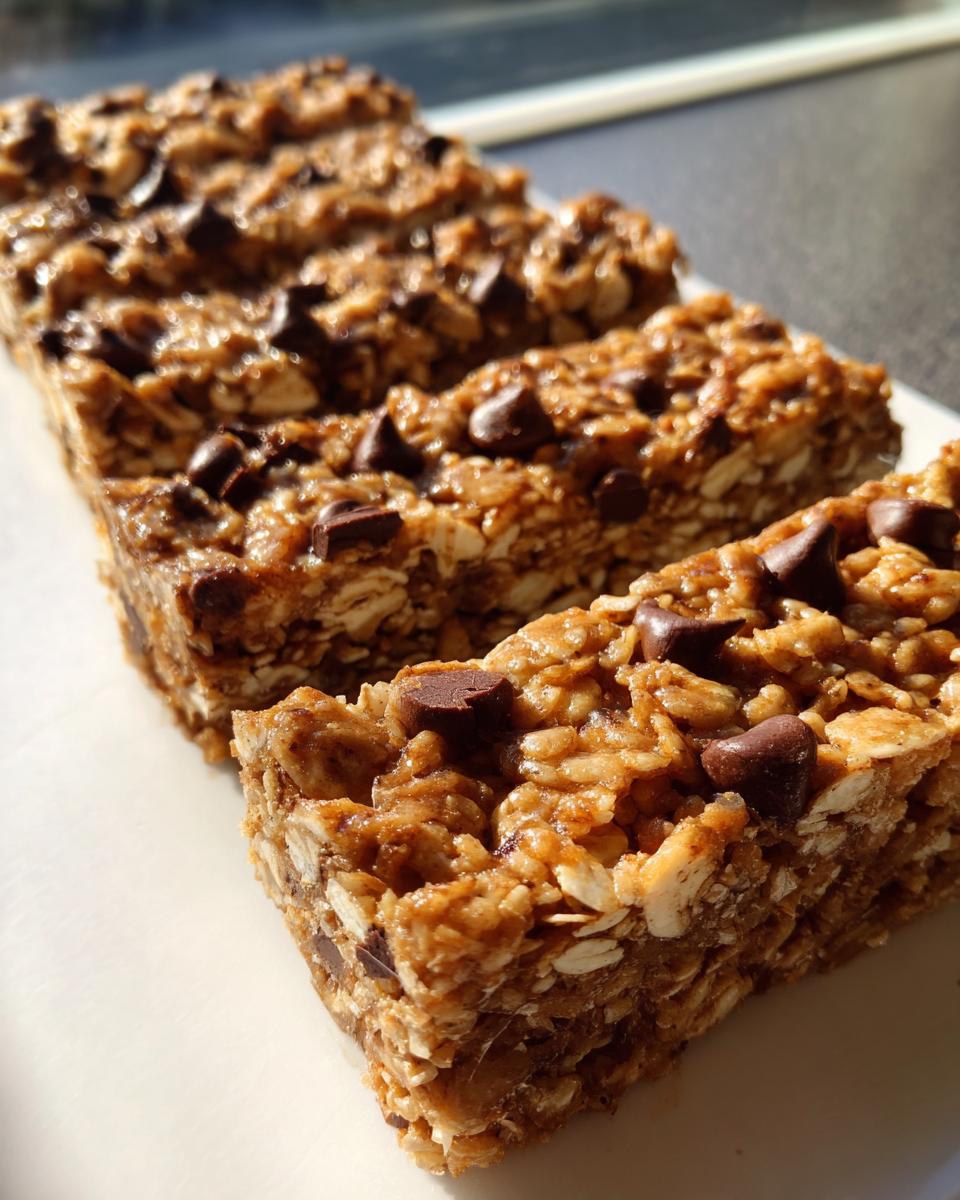A close-up of several freshly cut no bake granola bars, packed with oats and topped with chocolate chips.