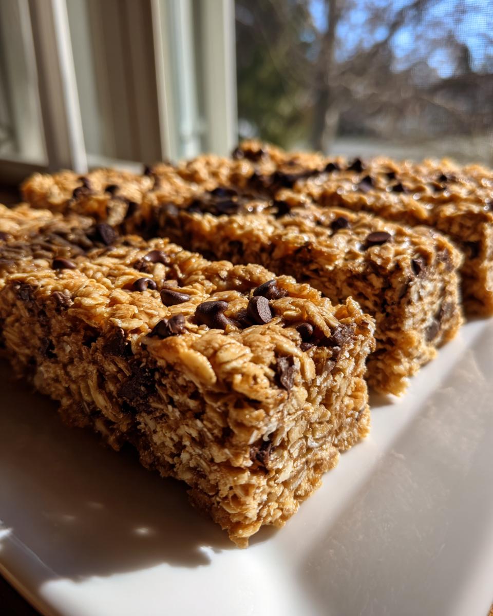 A close-up view of several rich, chewy no bake granola bars topped with mini chocolate chips, displayed on a white plate.