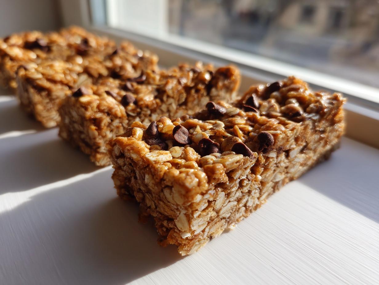 Close-up of several chewy no bake granola bars topped with chocolate chips, sitting on a white surface near a window.