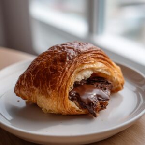 A flaky, golden brown chocolate croissant with rich, melted chocolate oozing out, resting on a white plate.