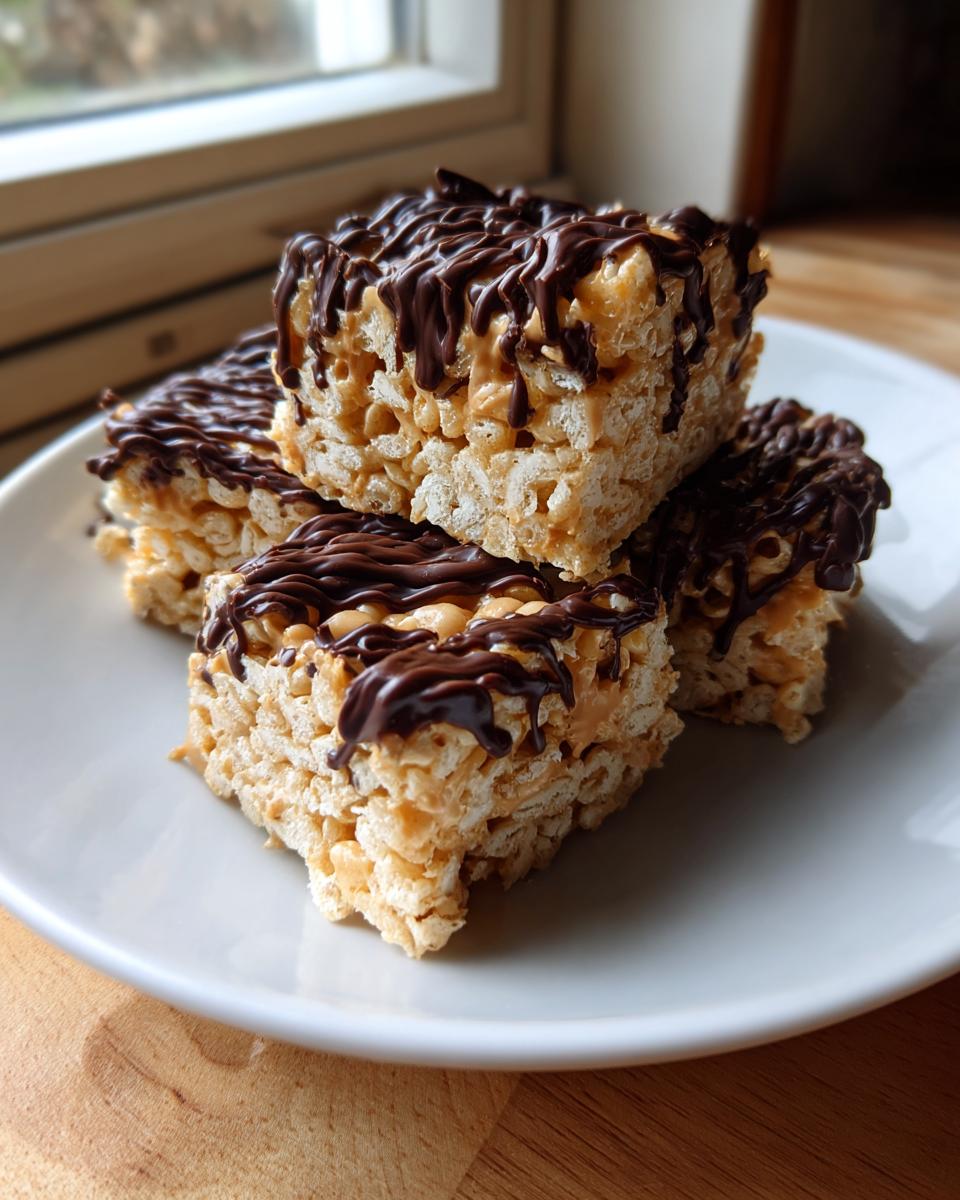 A stack of four peanut butter rice krispie treats drizzled generously with melted dark chocolate.