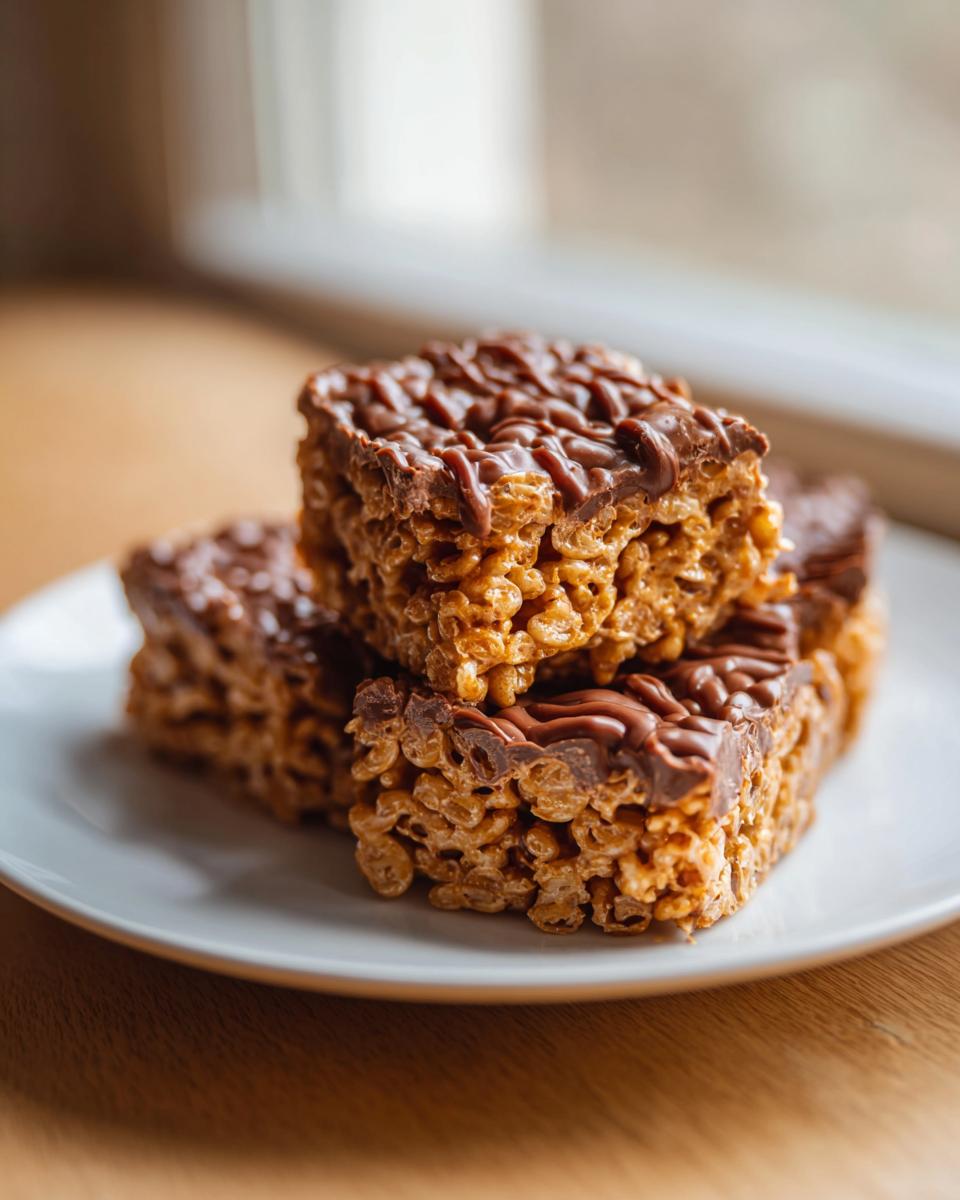 A stack of three rich peanut butter rice krispie treats topped with drizzled melted chocolate.