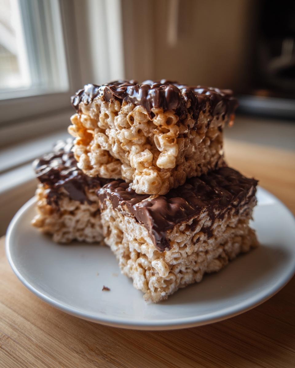 Three stacked squares of peanut butter rice krispie treats topped with melted chocolate.