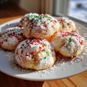 A plate piled high with soft christmas gooey butter cookies dusted in powdered sugar and topped with red and green sprinkles.