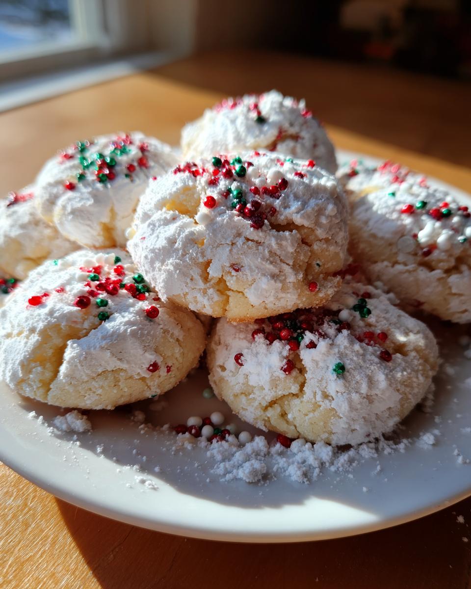 A stack of freshly baked christmas gooey butter cookies dusted heavily with powdered sugar and topped with red and green sprinkles.