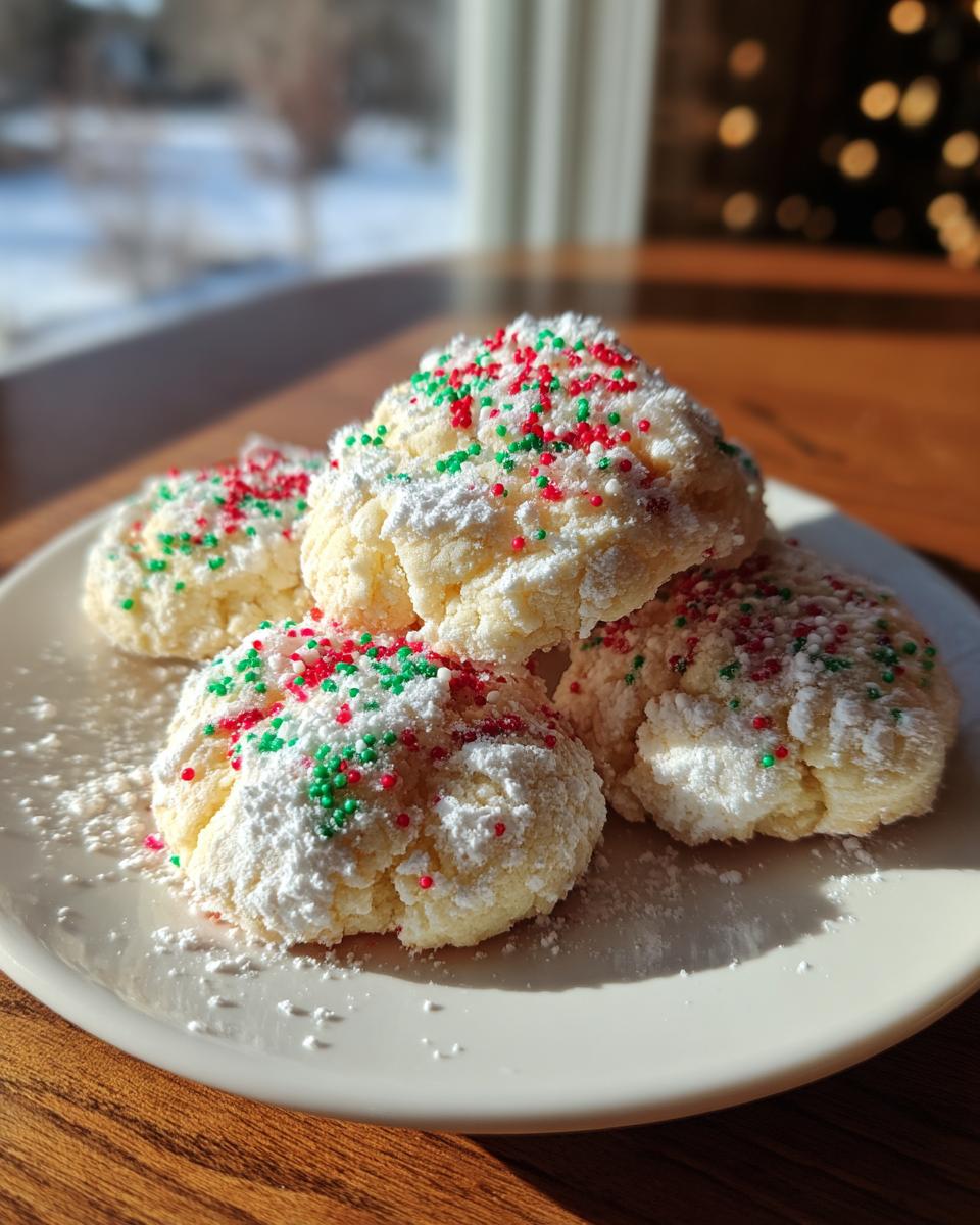 A stack of soft christmas gooey butter cookies dusted with powdered sugar and topped with red and green sprinkles.