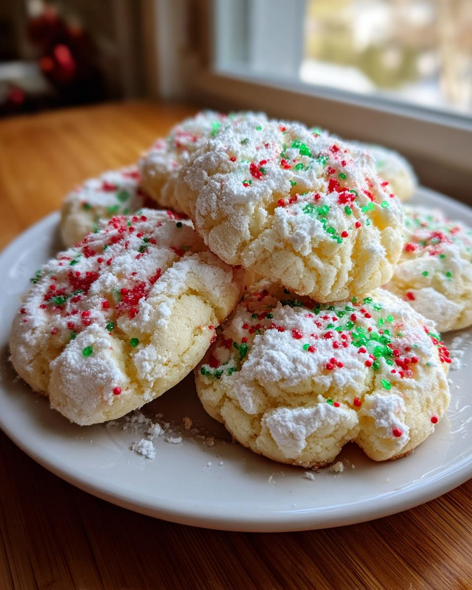 A stack of soft, crinkle-topped christmas gooey butter cookies dusted with powdered sugar and red/green sprinkles.