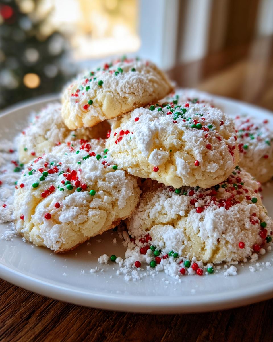 A stack of soft christmas gooey butter cookies dusted heavily with powdered sugar and red and green sprinkles.
