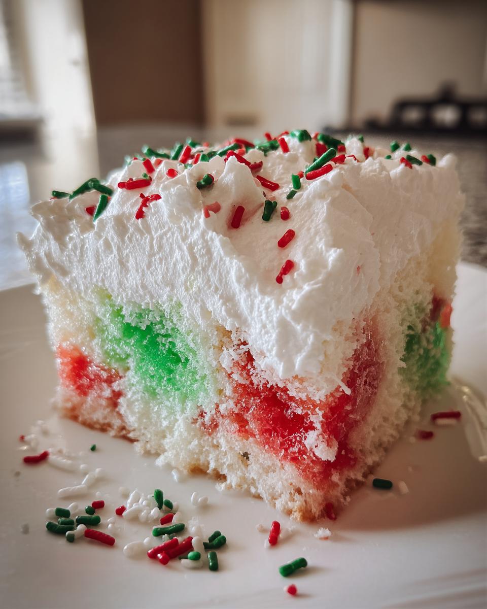 A moist slice of Christmas poke cake showing red and green gelatin-soaked layers topped with whipped cream and holiday sprinkles.