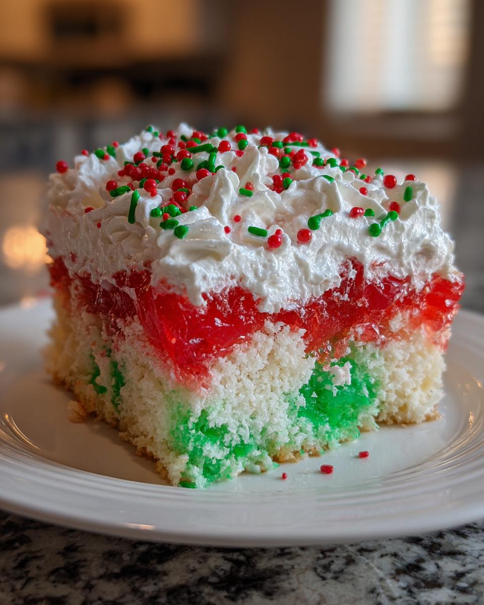 A festive slice of christmas poke cake showing green and white cake layers, red gelatin, whipped cream, and red and green sprinkles.