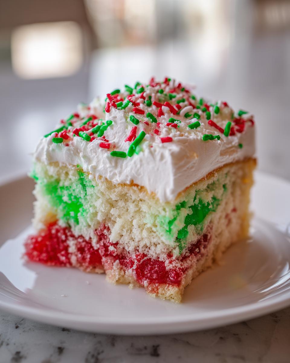 A slice of festive Christmas poke cake showing layers of white cake, green gelatin, red gelatin, whipped topping, and sprinkles.