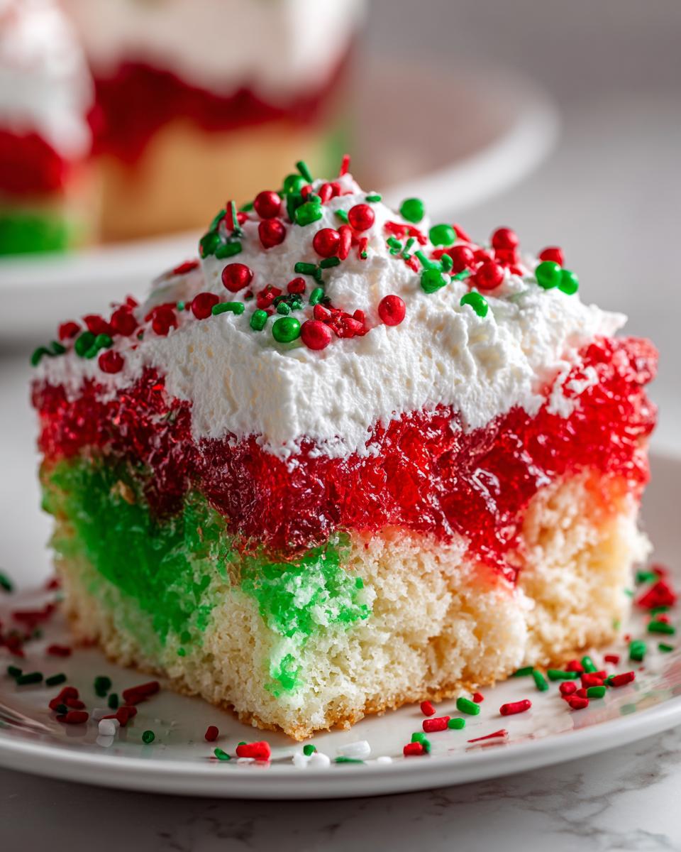 Close-up of a slice of Christmas poke cake featuring layers of red and green gelatin, whipped topping, and holiday sprinkles.