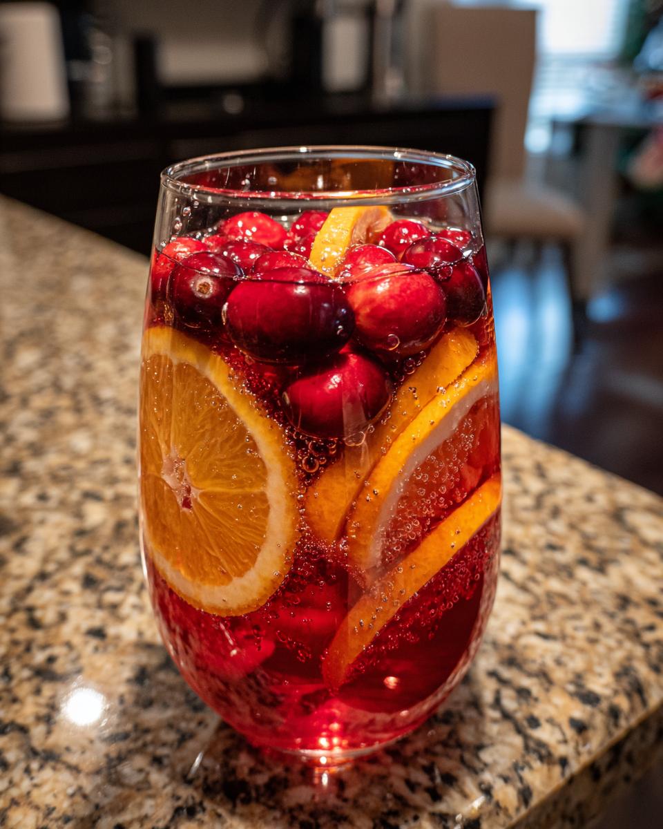 A glass filled with vibrant red Christmas sangria, garnished heavily with fresh cranberries and orange slices.