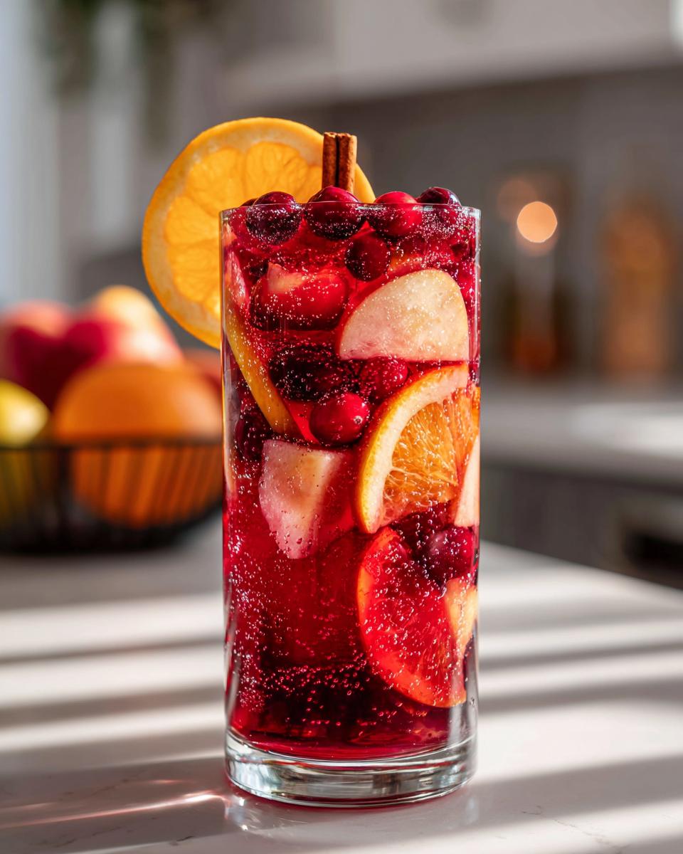 A tall glass filled with vibrant red Christmas Sangria, loaded with cranberries, apple slices, and orange wedges, garnished with a cinnamon stick.