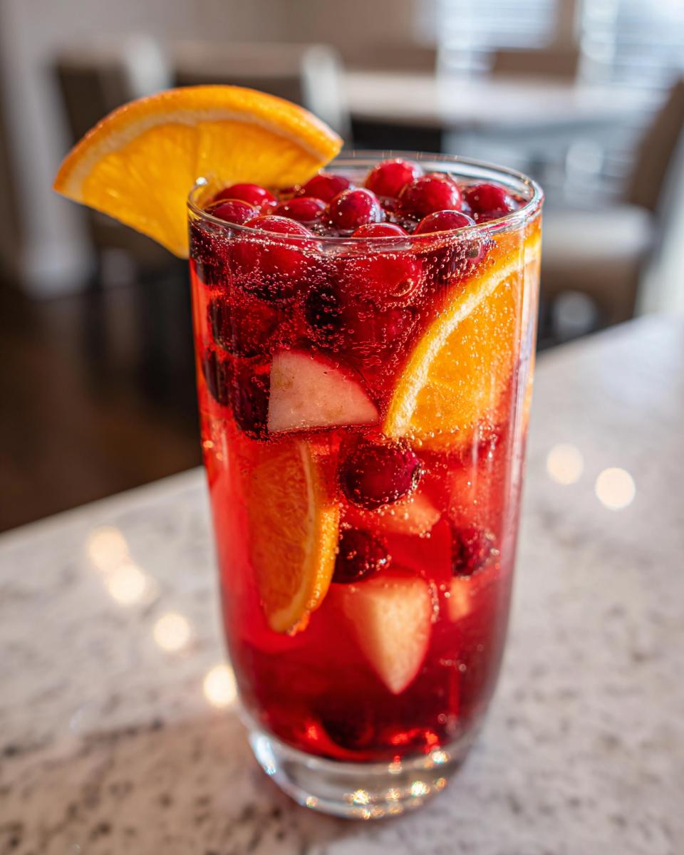 Close-up of a tall glass filled with vibrant red Christmas sangria, loaded with cranberries, orange slices, and apple chunks.