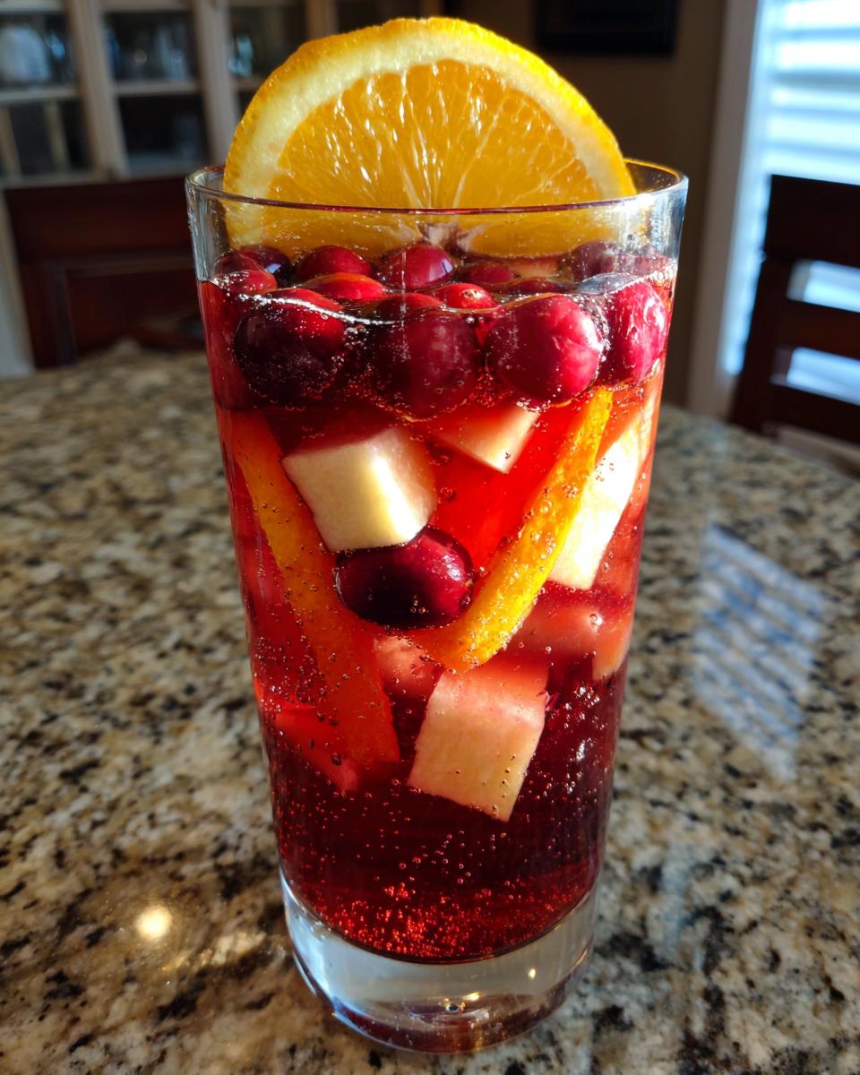 A tall glass filled with festive Christmas sangria, loaded with cranberries, apple chunks, and an orange slice garnish.