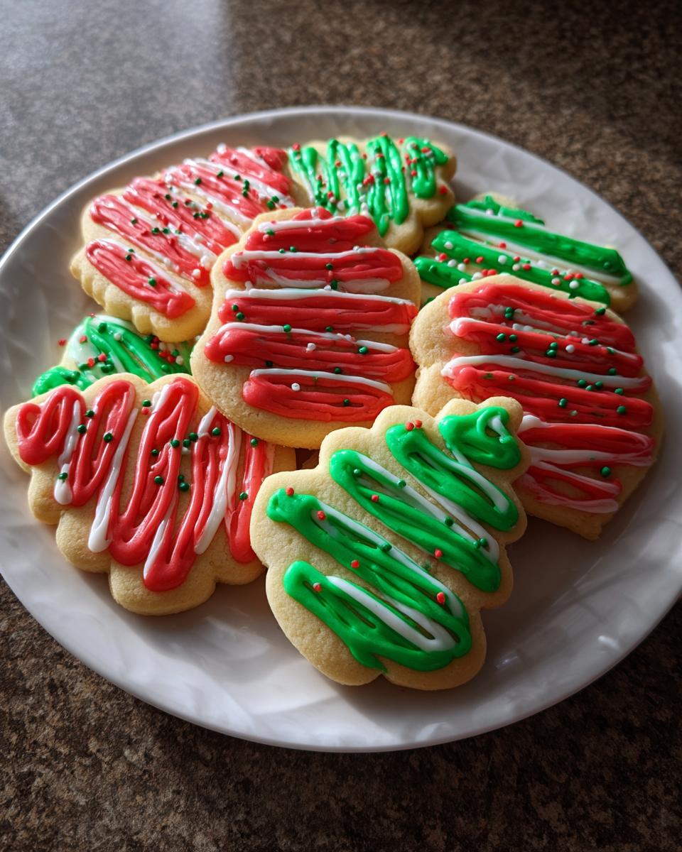 Plate of Christmas sugar cookies decorated with red, white, and green icing using the sugar cookie icing recipe.